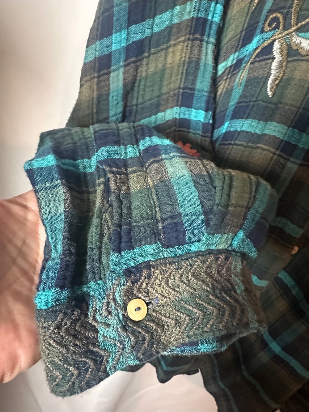 Johnny Was Teal & Green Plaid Button-Down with Floral Embroidery - Picture 5 of 9